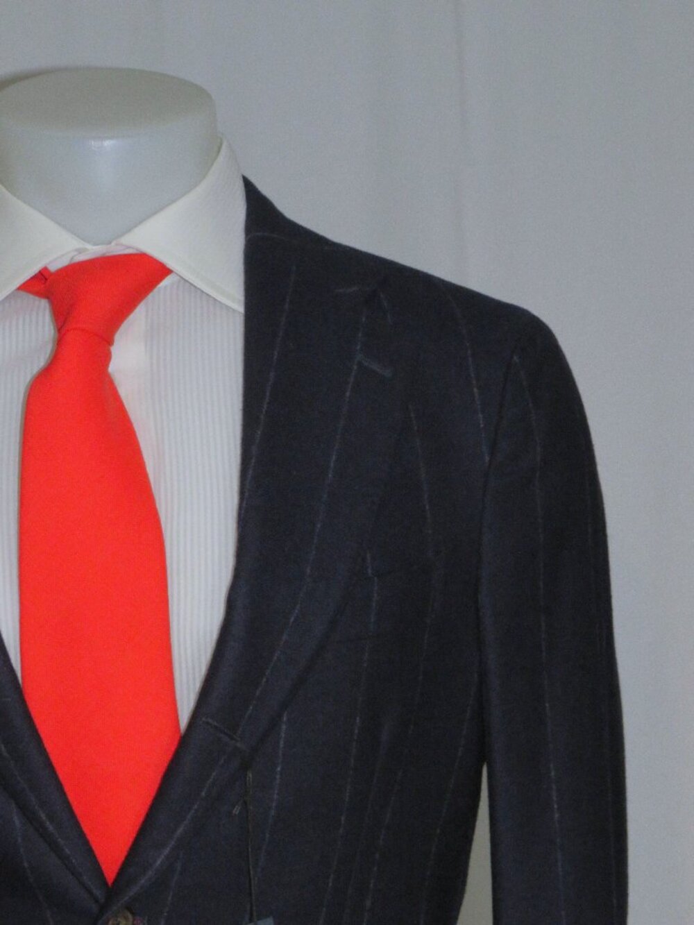 Drakes Navy Blue Chalk Stripe Flannel Three Roll Two Suit 38R NWT